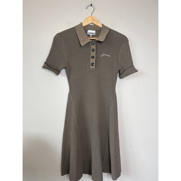 NEW Ganni Melange Collar Embroidered Short-Sleeve Knit Mini Dress Safari Size: M - Picture 2 of 8